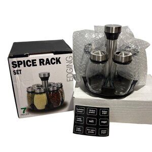 7 Piece Glass & Stainless Steel Spice Jar Set With Rotating Rack & Labels